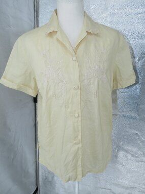 Vintage Peony Hand Embroidered Yellow Linen Blouse Top Short Sleeve Size 38 Med